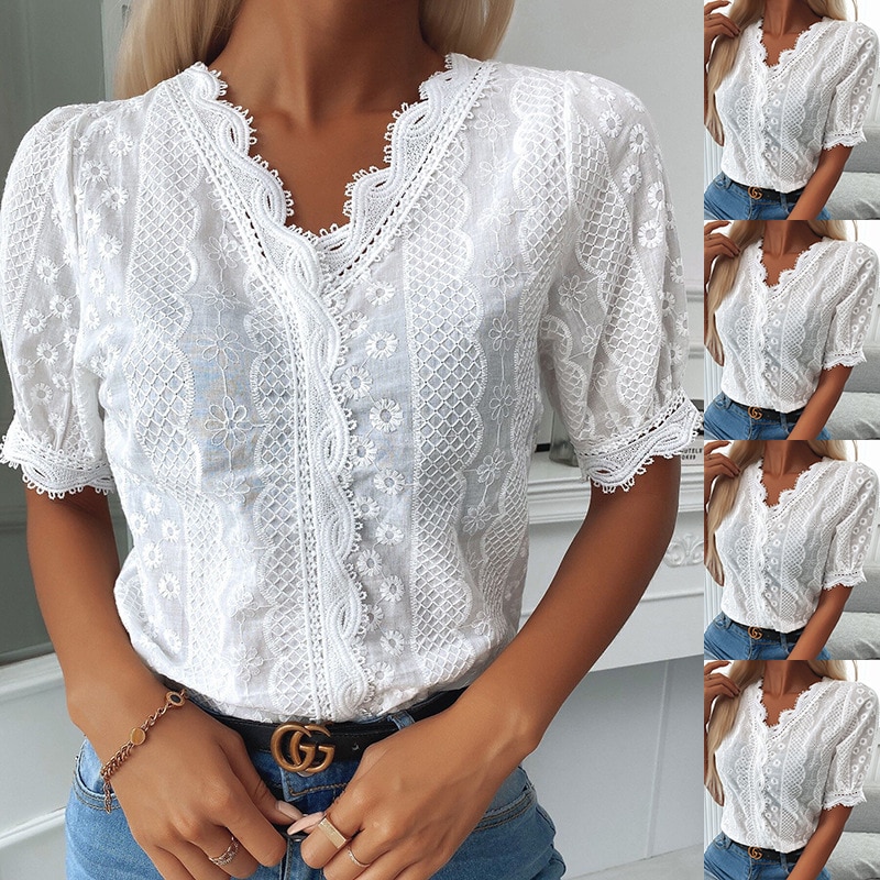 Fashion V-neck Casual White Shirts Elegant Puff Short Sleeve Summer Lace Blouse Women Blusas Mujer 2023 Loose Ladies Tops 24759