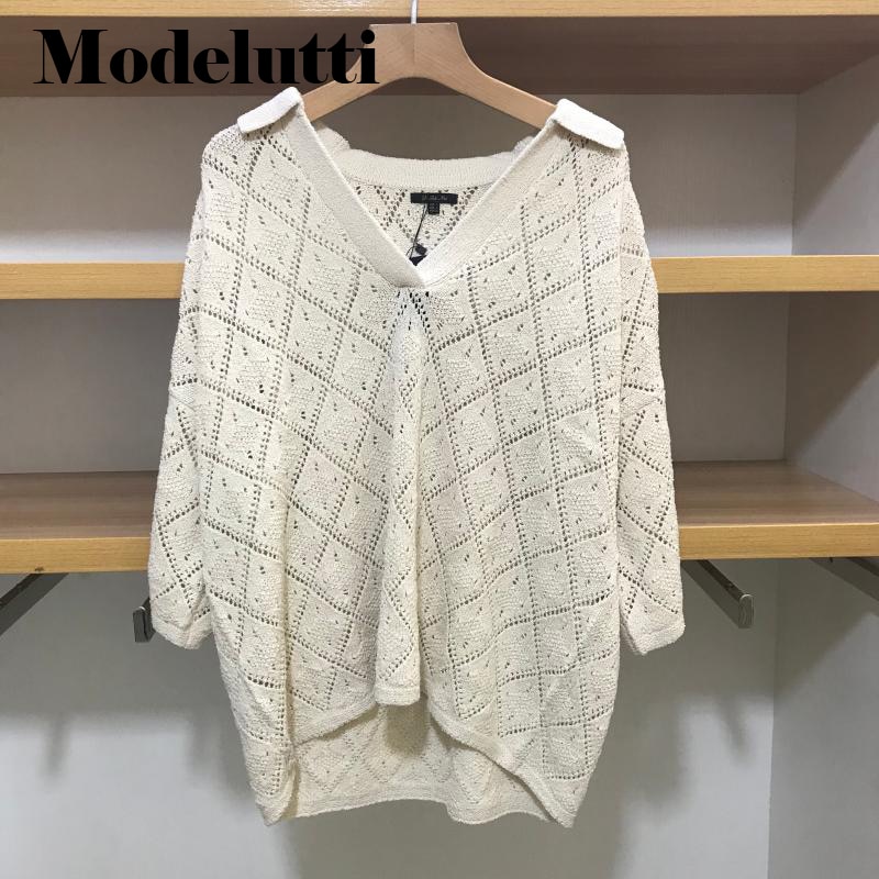 Modelutti 2023 New Spring Summer Fashion Short Sleeve Ice Silk Knitted Sweater V-neck Women Solid Simple Casual Tops Female