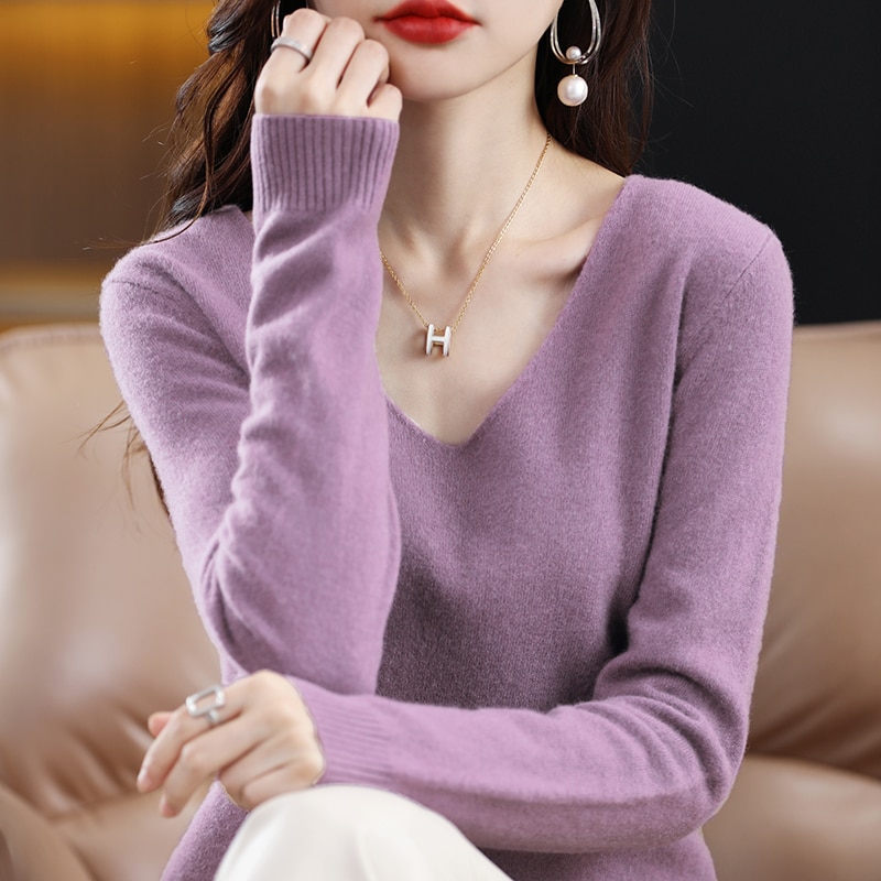 Spring Autumn New Cashmere Sweater Women Solid Color V-neck Pullovers Knitting Sweater Fashion Korean Long Sleeve Loose Tops