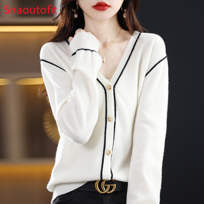 2023 Spring Match Colors V-Neck Wool Cashmere Knitted Cardigan Women's Long-Sleeved Top Loose Large Size Outer Wear Coat Sw