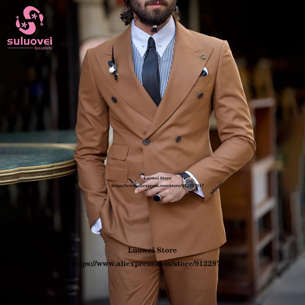 Fashion Double Breasted Slim Fit Tuxedo For Groom Wedding 2 Piece Jacket Pants Set Business Blazer Formal Peaked Lapel Men Suits