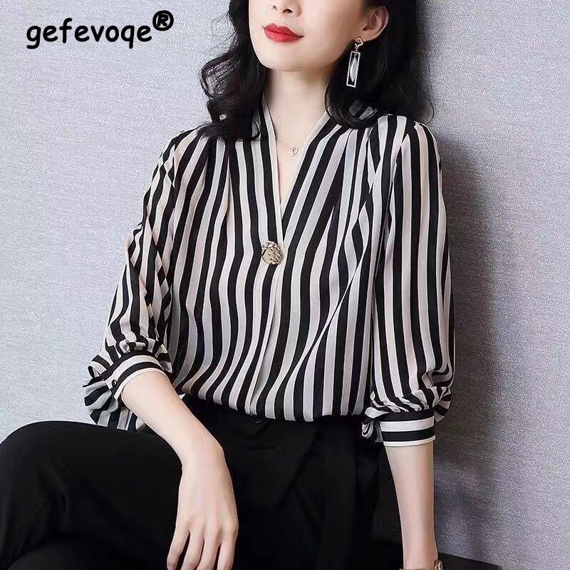 Striped Print Elegant Chic Commute Top Blouse Women Spring Autumn Fashion V Neck Long Sleeve Loose Shirts Blusas Mujer Clothing