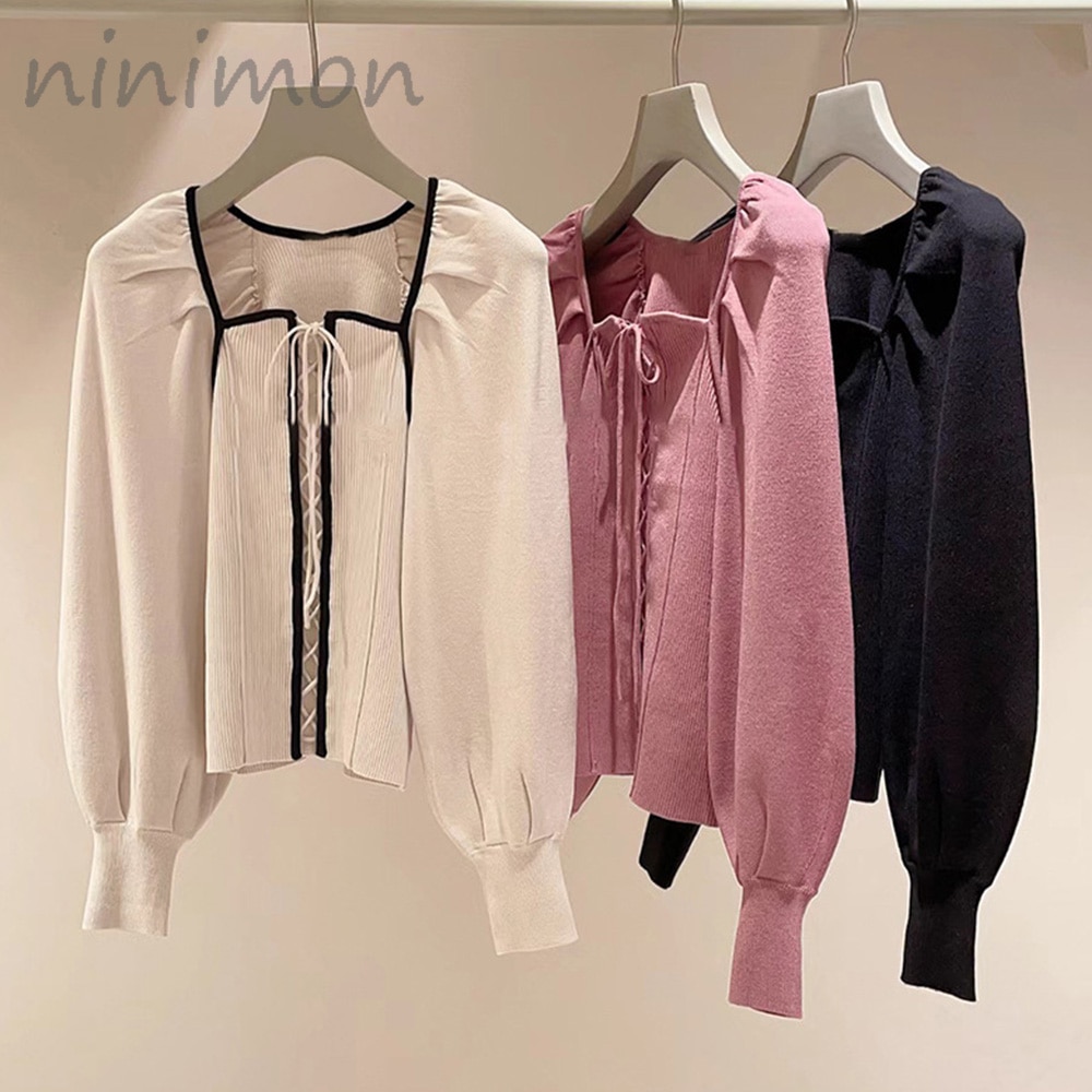 NINIMIN Vintage European Lace-up Knitted Pullover Square Collar Long Sleeve Woman Sweaters Spring Summer Elegant Knit Blouse Top
