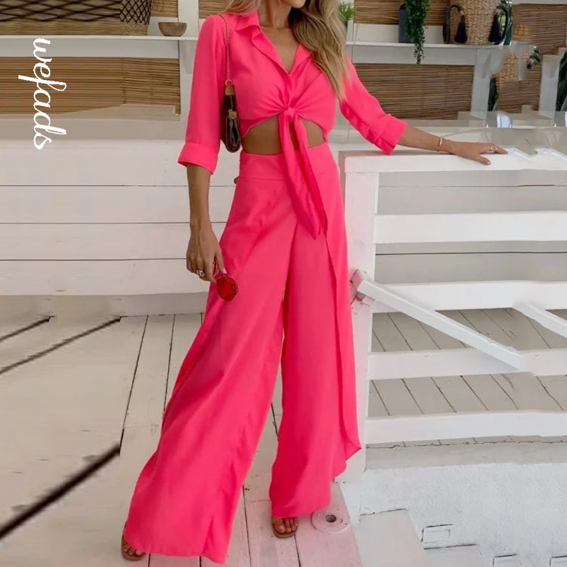 Wefads Women Two Piece Set Lapel V Neck Lace Up Half Sleeve Solid High Waist Top Loose Wide Legs Ruffled Pants Sets Streetwear