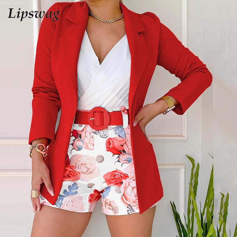 Women Elegant Pattern Print Commute Suit Fashion V Neck Short Pants Jumpsuits+Blazer Coat Set Ladies Spring Casual Party Outfit