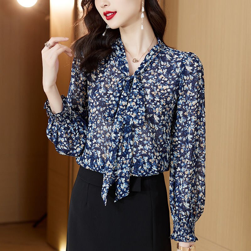 Women's Shirt Spring New Elegant Design Sense Small Women's Floral Chiffon Shirt Loose Long-sleeved Bowknot Commuter V