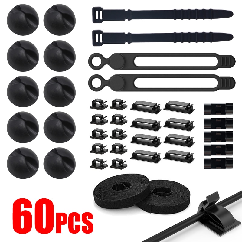 60PCS Desk Cable Winder Organizers Kit For Charger Wire Data Cord Headphone Line Clips Table Desktop Tidy Fixer Management Clamp