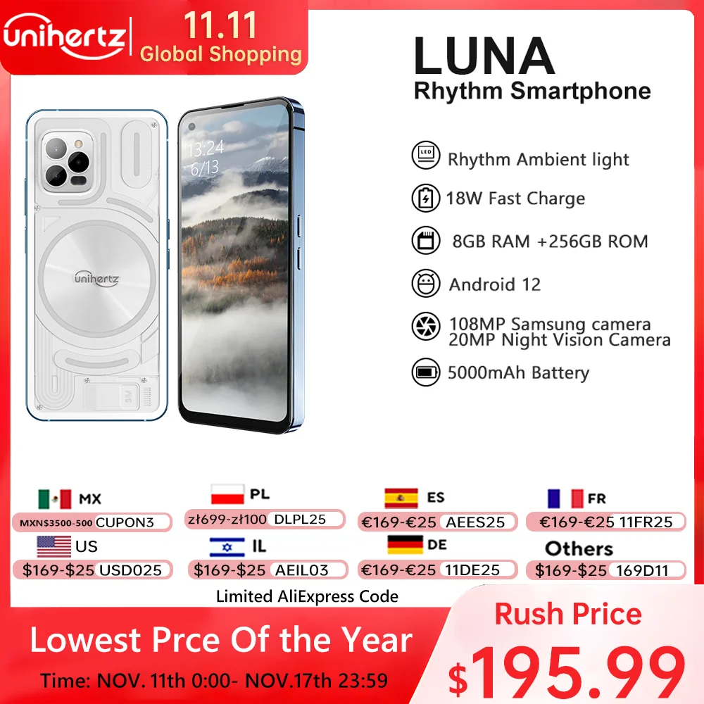 Unihertz Luna Smartphone Rhythm Ambient LED strip Music Phone 8GB RAM 256GB ROM 108MP G99 Mobile Phone Night Vision Cellphone