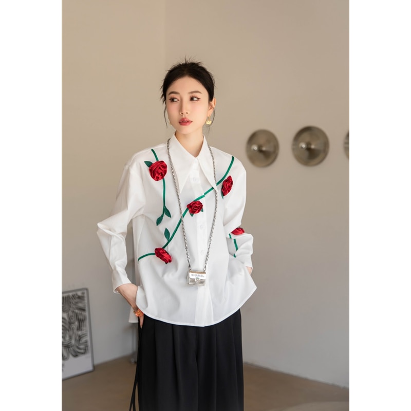 High-grade Sense Niche Three-dimensional Rose White Shirt Women's Autumn Korean Fashion Temperament Loose Chic Top Trend 20