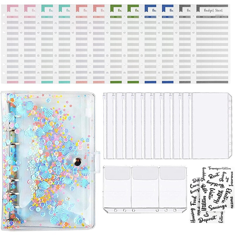 A6 Budget Binder Glitter Budget Planner Clear Organizer 6 Rings Refillable Money Saving Binder For Home,Office,School