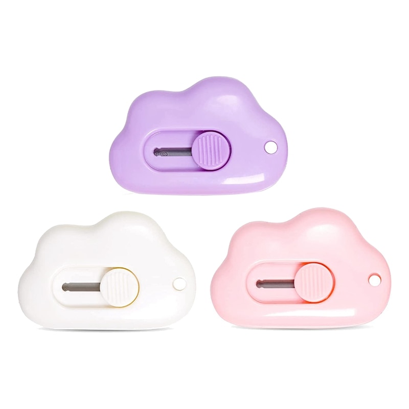 3 Pcs Student Art Knife Cloud Pocket Box Cutters Plastic Letter Opener Slide Open With Keychain Hole