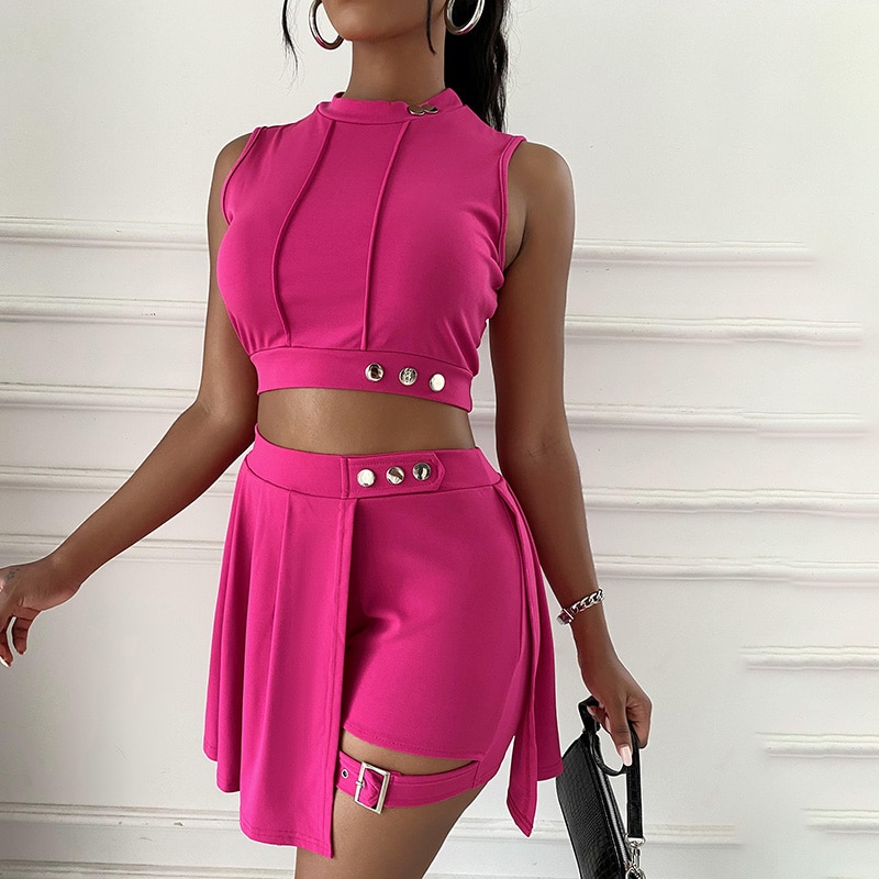 Nuevo En Conjuntos A Juego Short Skirt Sets Sleeveless Buttoned 2 Piece Kurze Sets Women Outfit Kısa Setleri De Falda Cortos