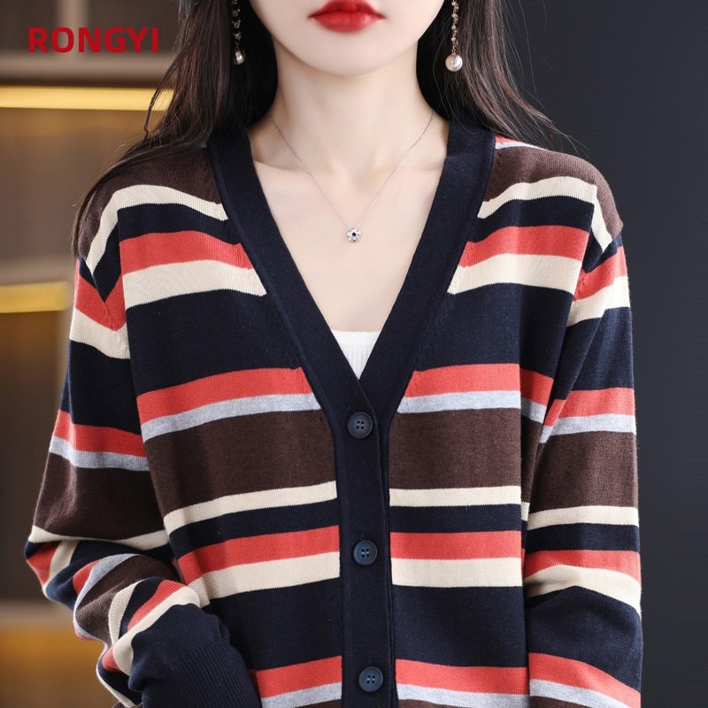 RONGYI 100% Cotton Woman Spring And Autumn V-Neck Cardigan Sweater Coat Knit Fashion Bottoming Shirt New Style Hot Striped Top