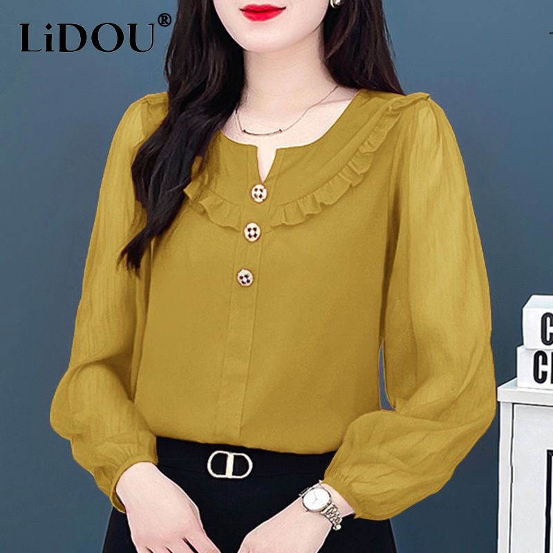 Spring Summer Casual Fashion Ruffles Chic Buttons Solid Shirt Ladies Long Sleeve Elegant Loose All-match Blouse Top Women Blusa