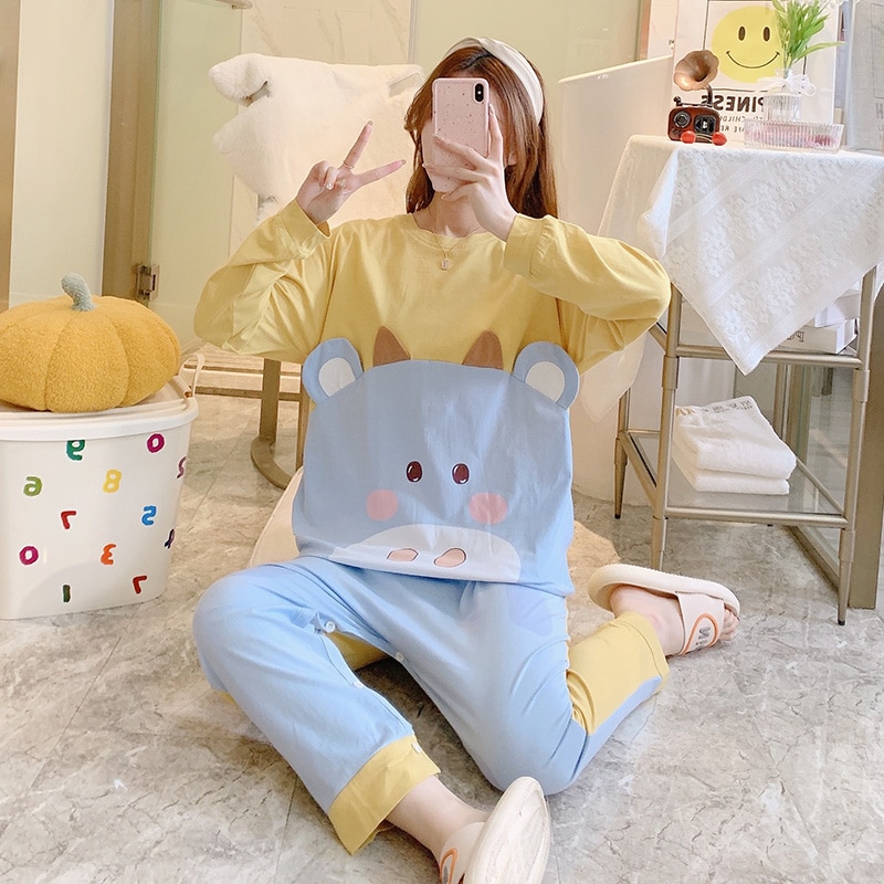Spring Women Pajamas Onesie Cartoon Cow Print Pyjama Pour Femme Sleepwear Girl Pijamas Mujer Women Leisure Homewear jumpsuits