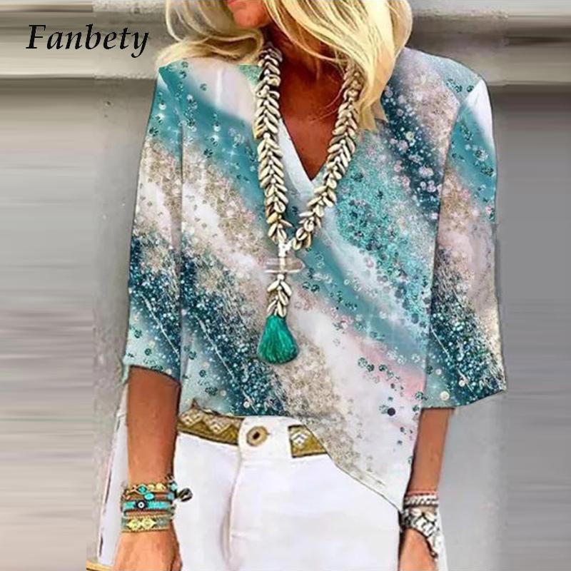 Women Vintage Print Clothes Tops Streetwear Lady New Spring Autumn V-Neck Blouses Shirts Fashion Loose 3/4 Sleeve Pullover Blusa