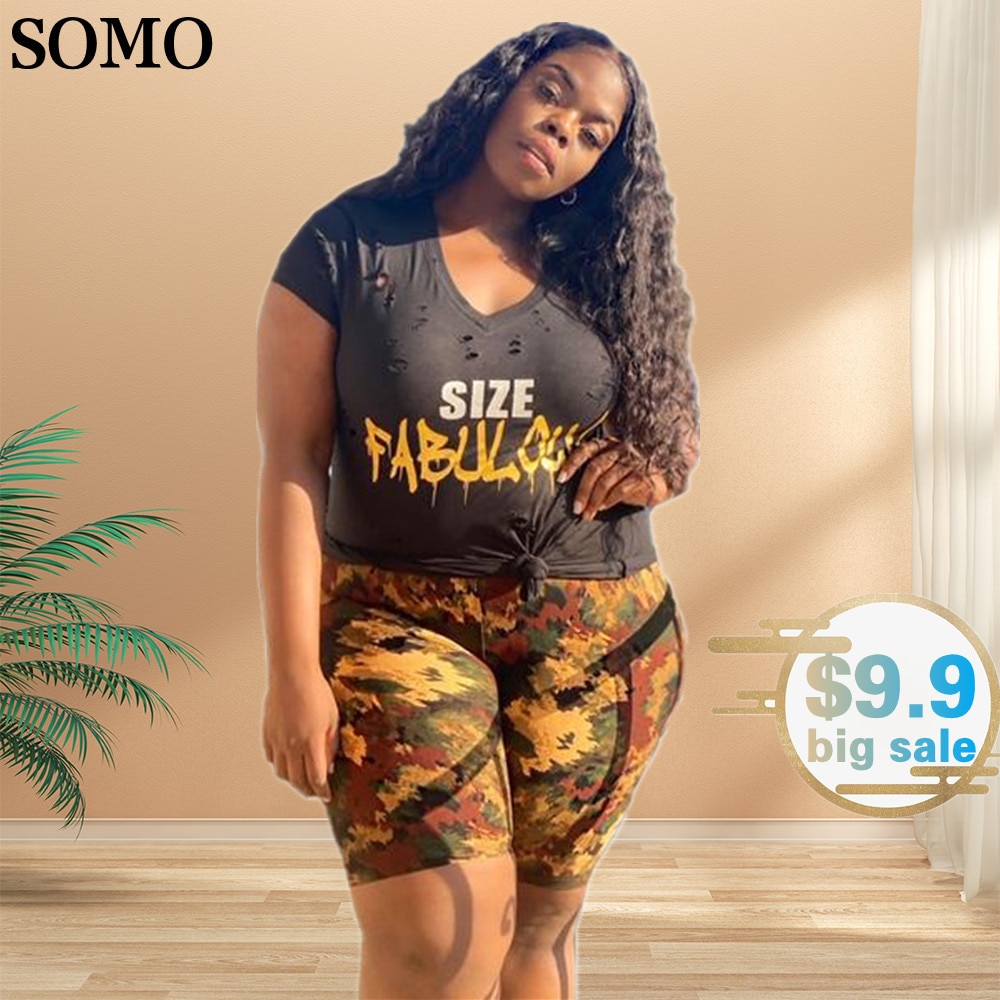 SOMO Streetwear Plus Size Women Clothing Sexy Hole Tops Short Sets Fashion Printed 2 Piece Sets Outfit Wholesale Dropshipping