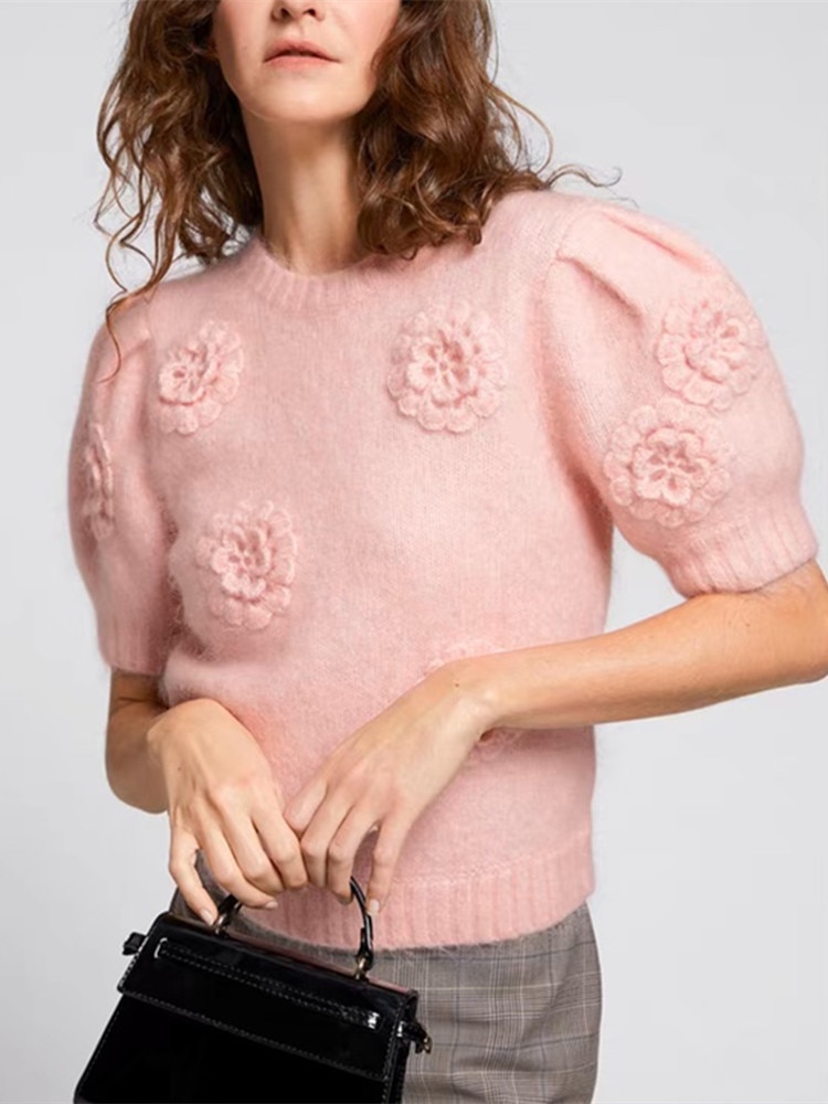 Women Puff Sleeve Sweet Knit Sweater Female O-Neck Hand Hook Flower Slim Short Pullover Tops 2023 Spring