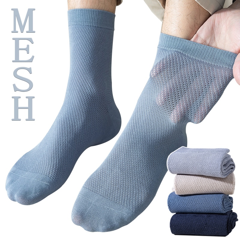 Business Mesh Men's Cotton Socks Solid Summer Breathable Soft Deodorization Casual Sweat Absorb Long Male Socks Large Size 