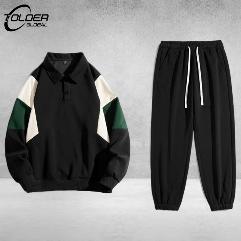 2023 Spring Autumn Men New Set Fashion Polo Sweatshirt Pants Sportswear Quality Loose Turn-down Collar Pullover Suits Patchwork
