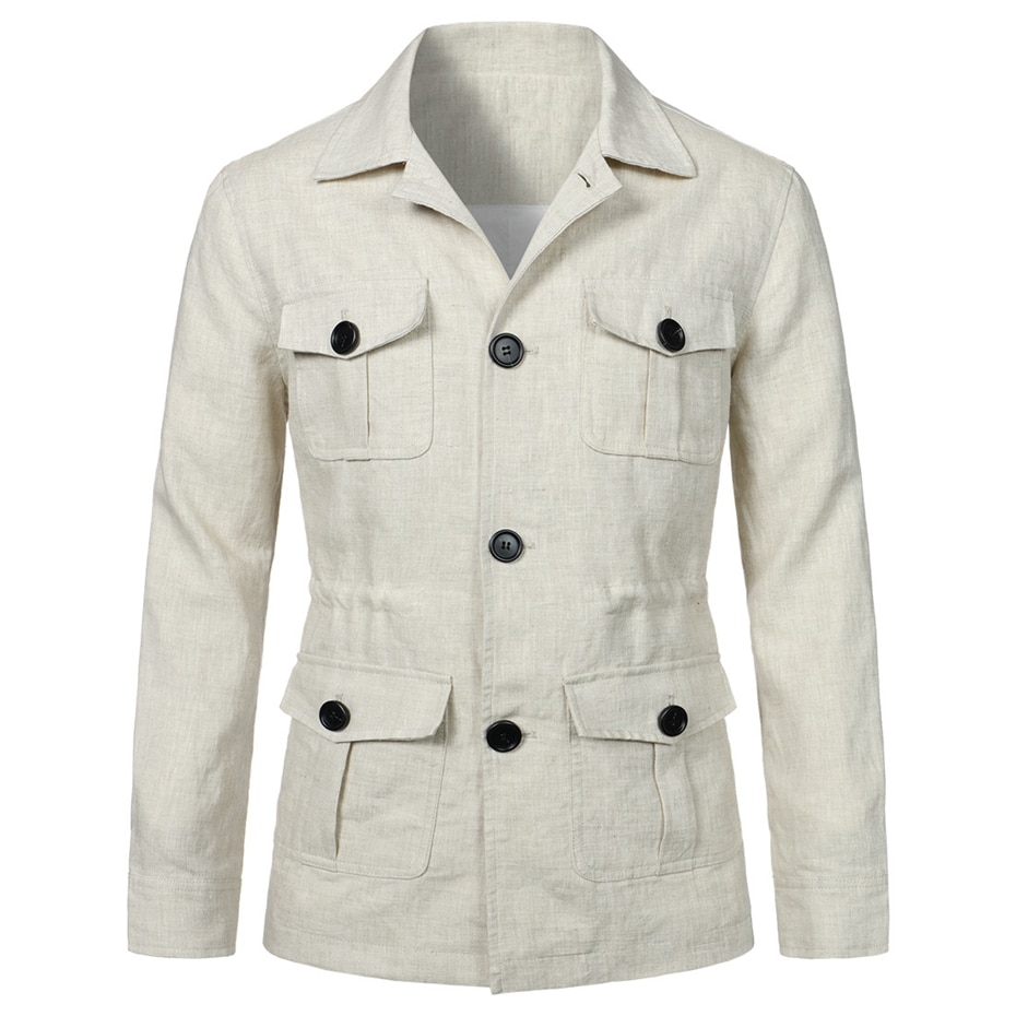 2023 New Spring Linen Jacket Men Multiple Pockets Cargo Jacket Male Fashion Casual Button Coat Plus Size 5XL