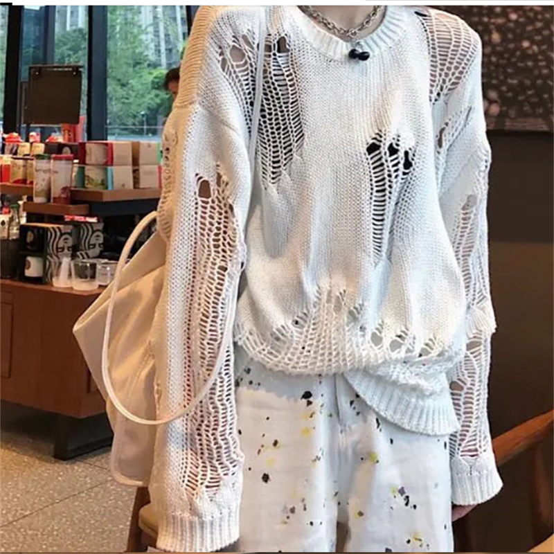 Gothic Punk Hole Sweaters Women Streetwear Harajuku Sweaters Hollow Out Broken Knitted Jumper Woman Pullover Sweater Wholesale