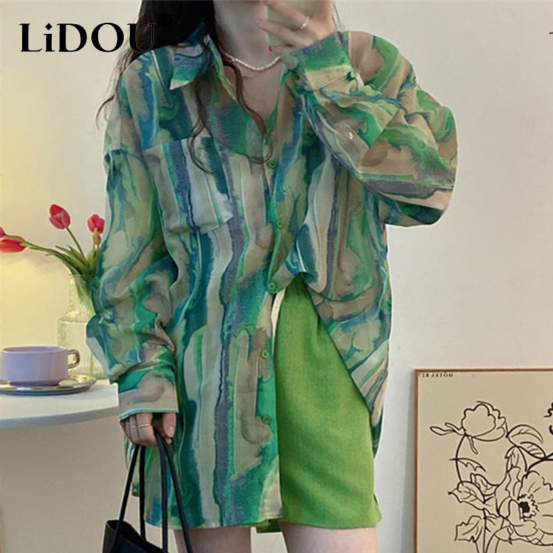 Spring Autumn Cardigan Tie Dye Loose Casual Shirt Women Long Sleeve Fashion All Match Loose Lady Blouse Femme Streetwear Clothes