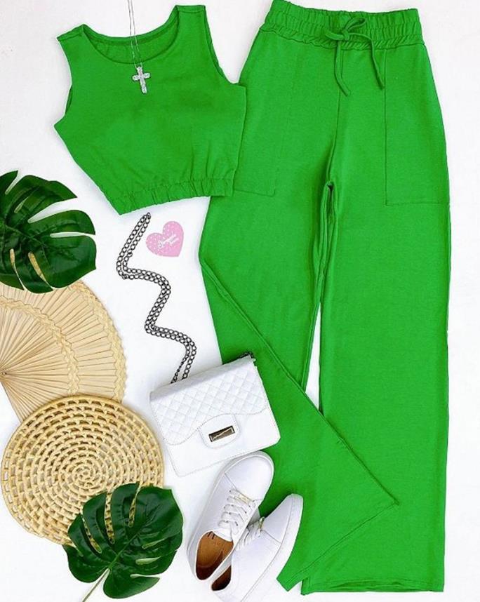 Casual Tow Piceses Outfits for Women 2023 Sleeveless Round Neck Crop Tank Top & Drawstring Wide Leg Pants Set Without Neckla
