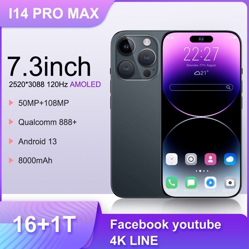 2023 Global Version i14 Pro Max 5G Smartphone 16G+1TB 7.3 inch Cellular 8000mAh Phone 5G Network 50MP Unlocked Dual SIM Phone