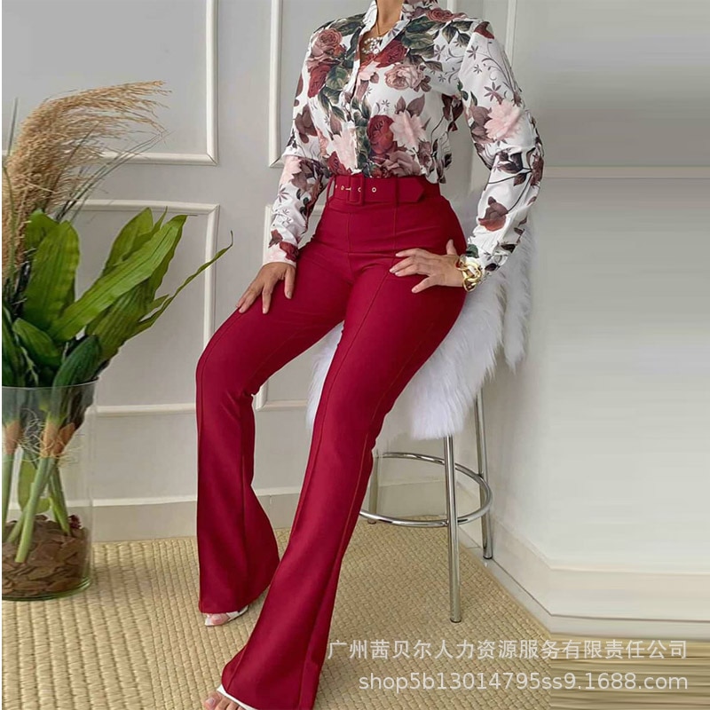 Floral Print Button Down Shirt & Bootcut Pants Set With Belt Women Spring Summer 2pcs Single Breasted Button Flower Shirts P