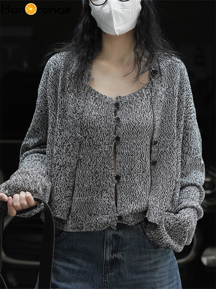 HanOrange 2023 Spring Lazy Mixed Color Knit Two-piece Knit Sweater Set Women Loose O-neck Sleeveless Waistcoat + Cardigan Female