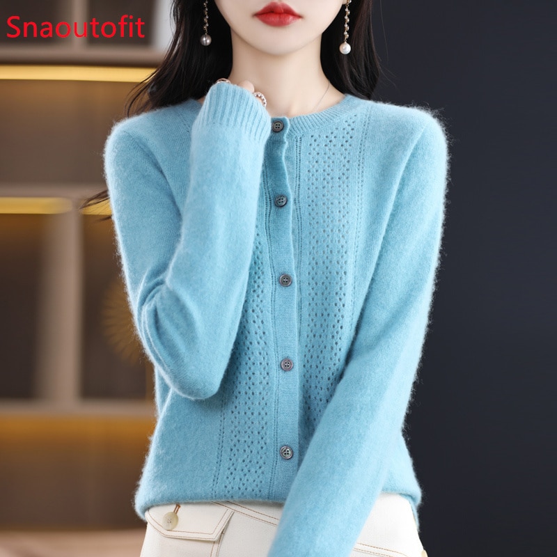 Spring and Autumn Hollow Out 100% Wool Cardigan Women's O-Neck Top Cashmere Sweater Knitted Seamless Bottoming Shirt Outer 