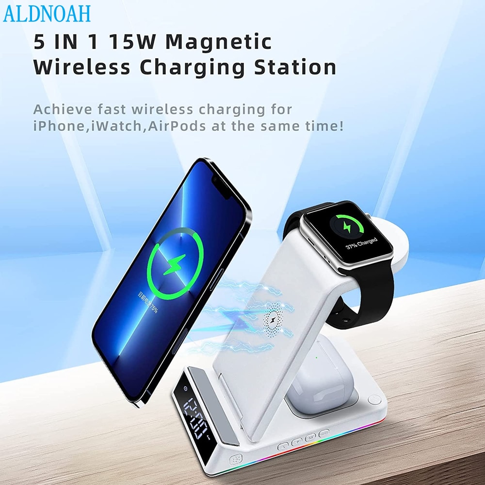 Wireless Charger 3 in 1 15W Qi Faster Charging Station With Lamp/Clock For iPhone 14 Plus 13 12 11 Pro Max X iWatch 8 7 AirPods