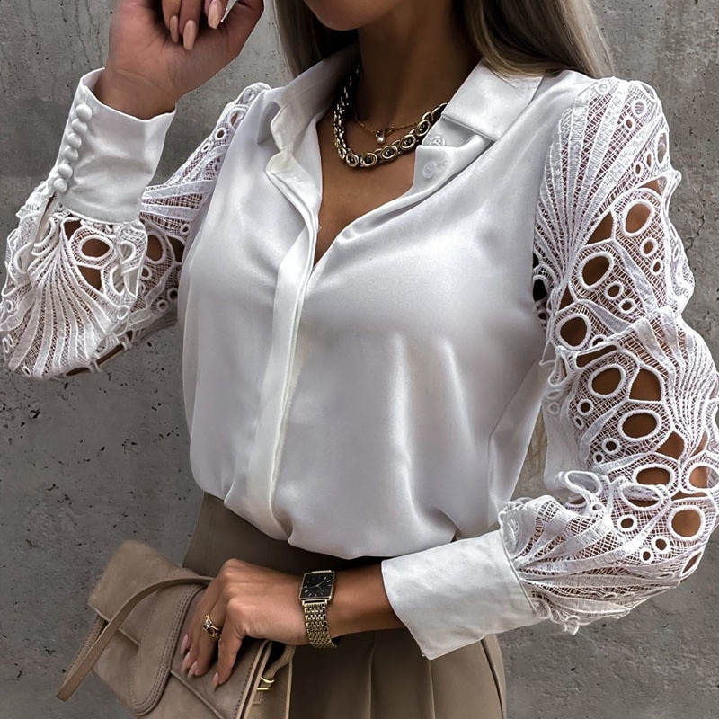 2023 White Sexy Lace Hollow Out Women Blouse Spring Black Vintage Button Up Shirts Top Long Sleeve Mesh Design Tops Femme