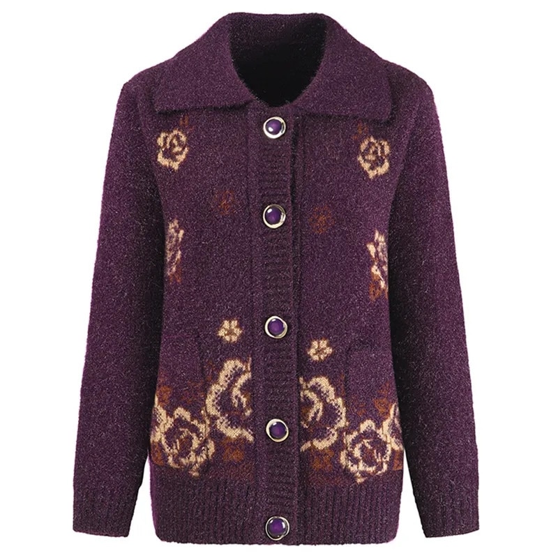 Middle-Aged Elderly Women's Sweater 2023 New Spring Autumn Coat Loose Lapel Knitted Jacket Female Tops Knitwear Cardigan