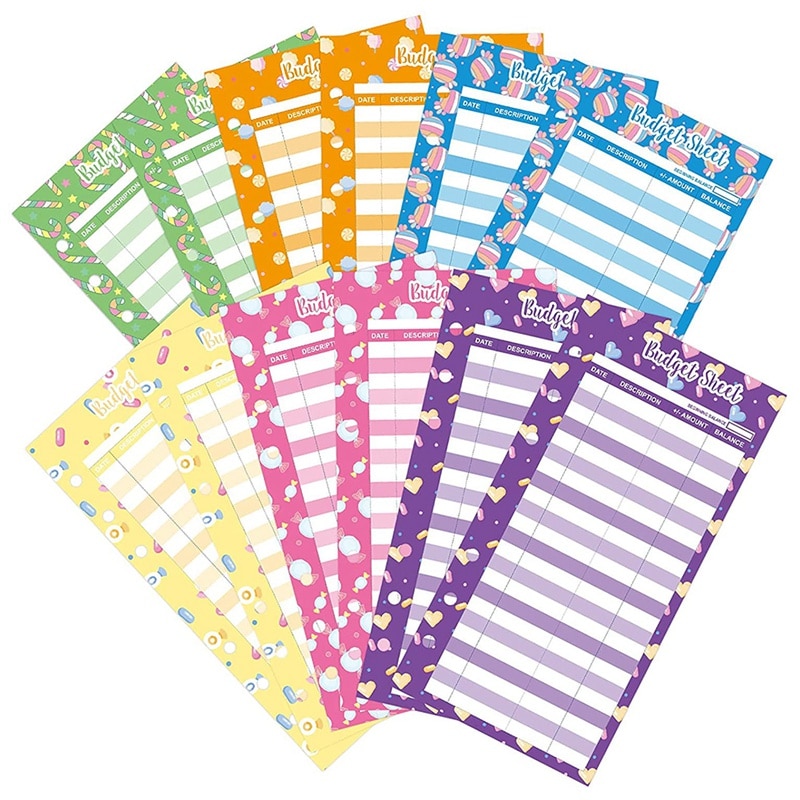 60Pcs Budget Sheets Expense Tracker Paper Refill Inserts With Holes For A6 Binder Cash Envelope,Cartoon Candy Pattern