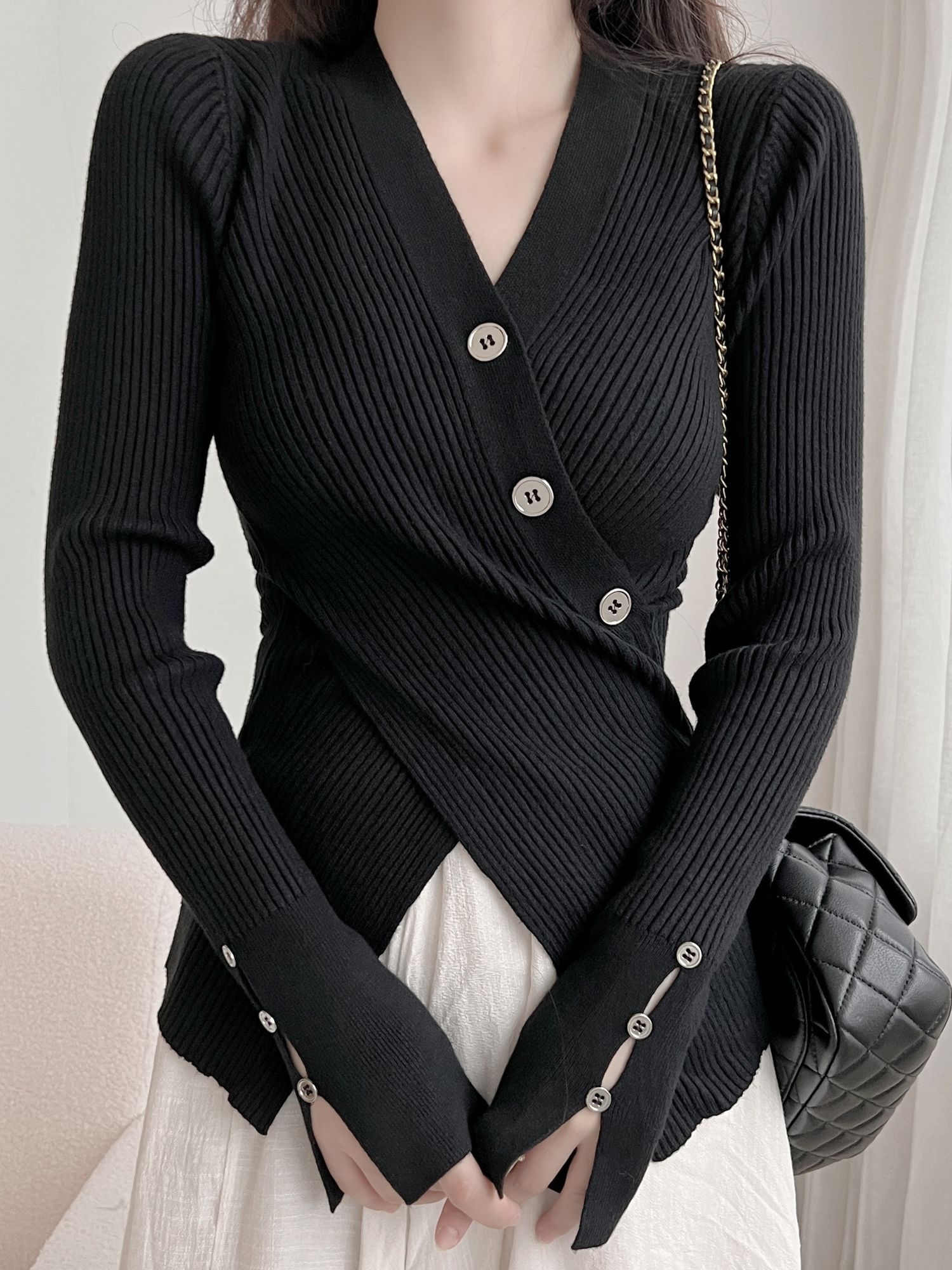 Women's Cross V-neck Knitwear Long Sleeve Bottom Sweater Tight Spring Autumn Thin Fashion Hot Sexy Korean Top C604