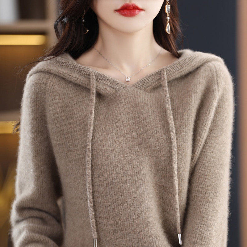 100% pure sweater new ladies hooded knitted loose warm long-sleeved women's pullover sweater thickened fashion soft
