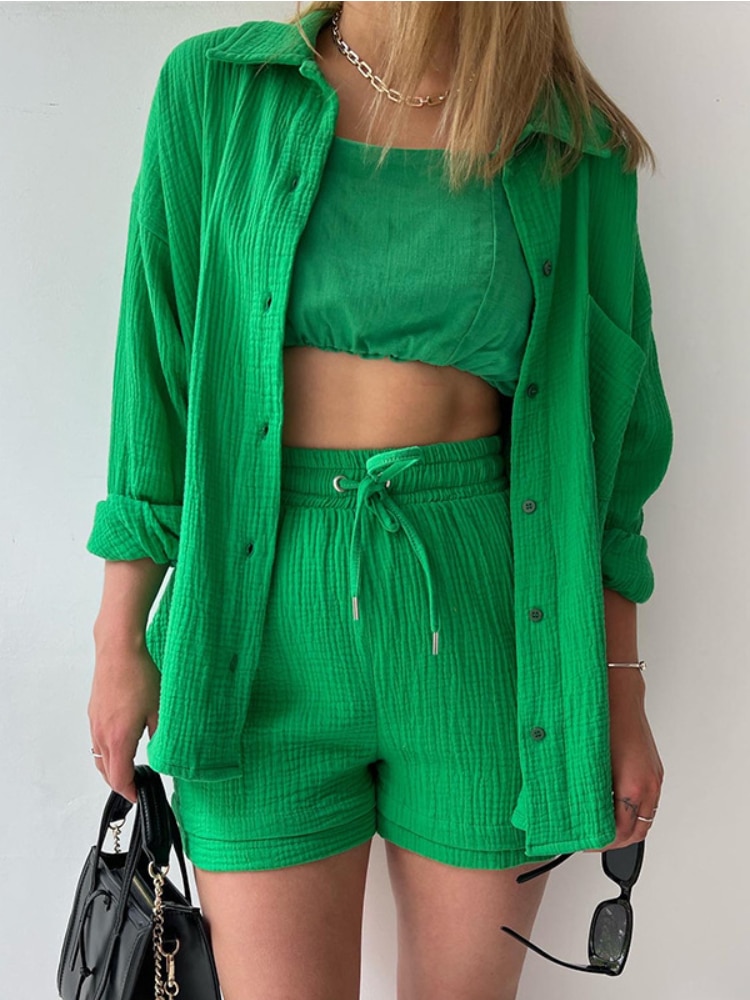 Autumn Summer Chic Elegant Pleated Shirtstwo Peice Set for Women Matching Sets Long Sleeve Shorts Sets Loose Women Casual Suits