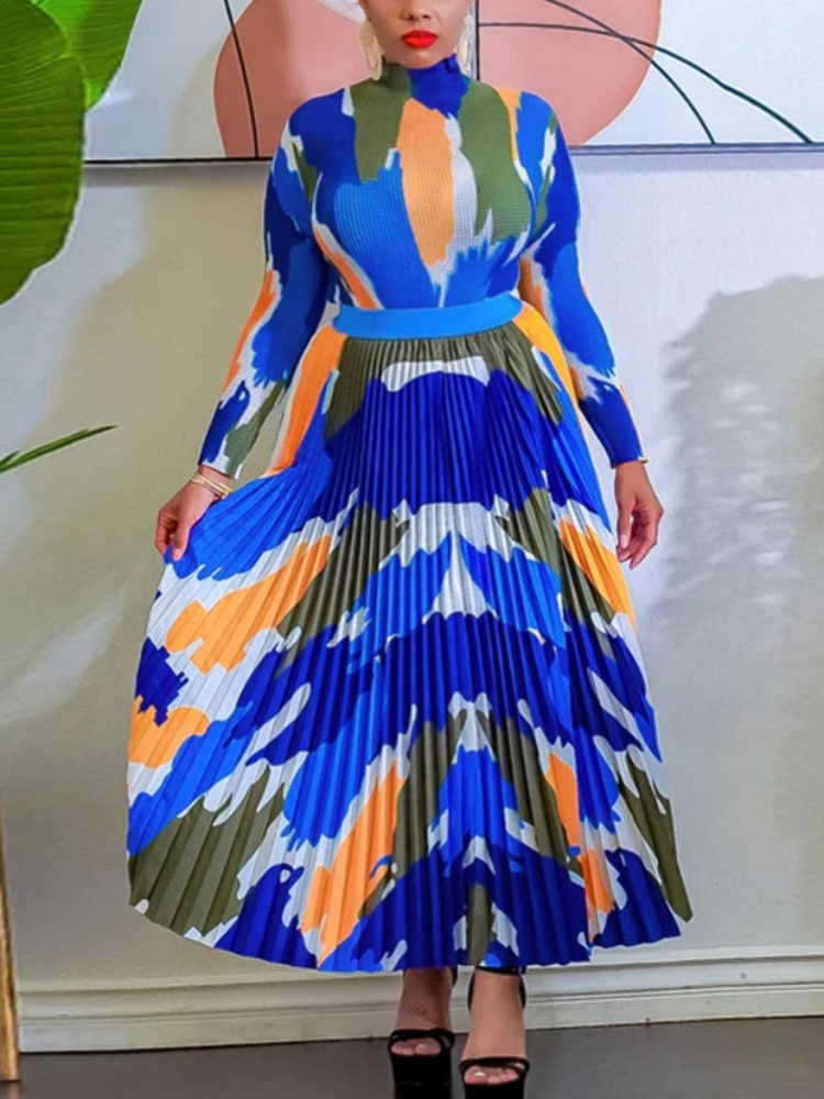 3D Printed Pleated Skirts Sets for Women Elegant 2023 Long Sleeve T-Shirt Maxi Long Skirt Suit Sexy Two Piece Set Club Outfits