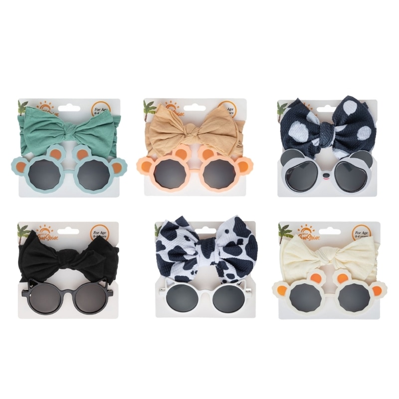 Children Girls Bow Headband & Cartoon Sunglasses Toddler Hair Accessories Cute Eyewear Bowknot Hairband Baby Photo Props GXM