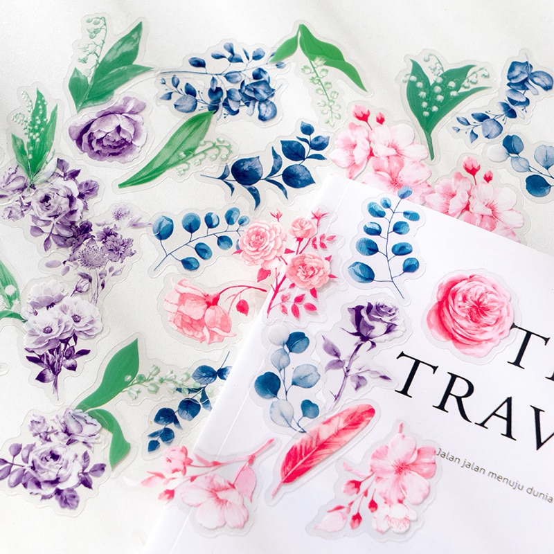 50pcs Watercolor Plant Flower Decorative Stickers Pack Vintage Scrapbooking Crystal Ink Label Diary Phone Journal Planner