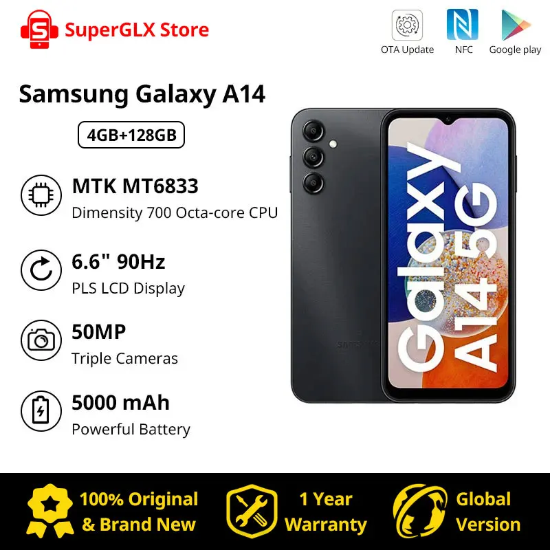2023 New Original Samsung Galaxy A14 4G Smartphone Android 13 6.6'' 90Hz Display 5000mAh Battery 50MP Triple Camera Mo