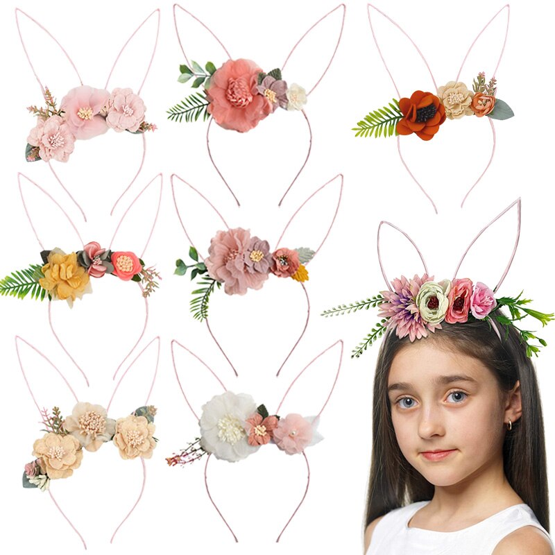 Fake Flower Headbands For Baby Girls Cute Bunny Ear HairBand Princess Party Headwear Teens toddlers Hair Hoop Hair Accessories