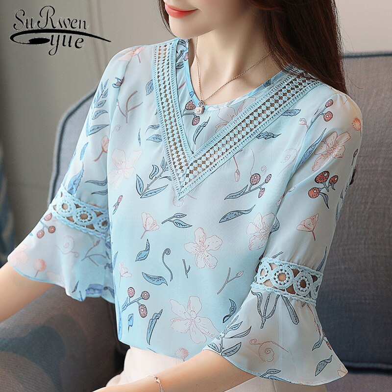 2023 Fashion Print Chiffon Blouse Women Shirt Flare Sleeve Summer Women Tops Hollow Chiffon Women Blouses Shirts Blusas 0278 40