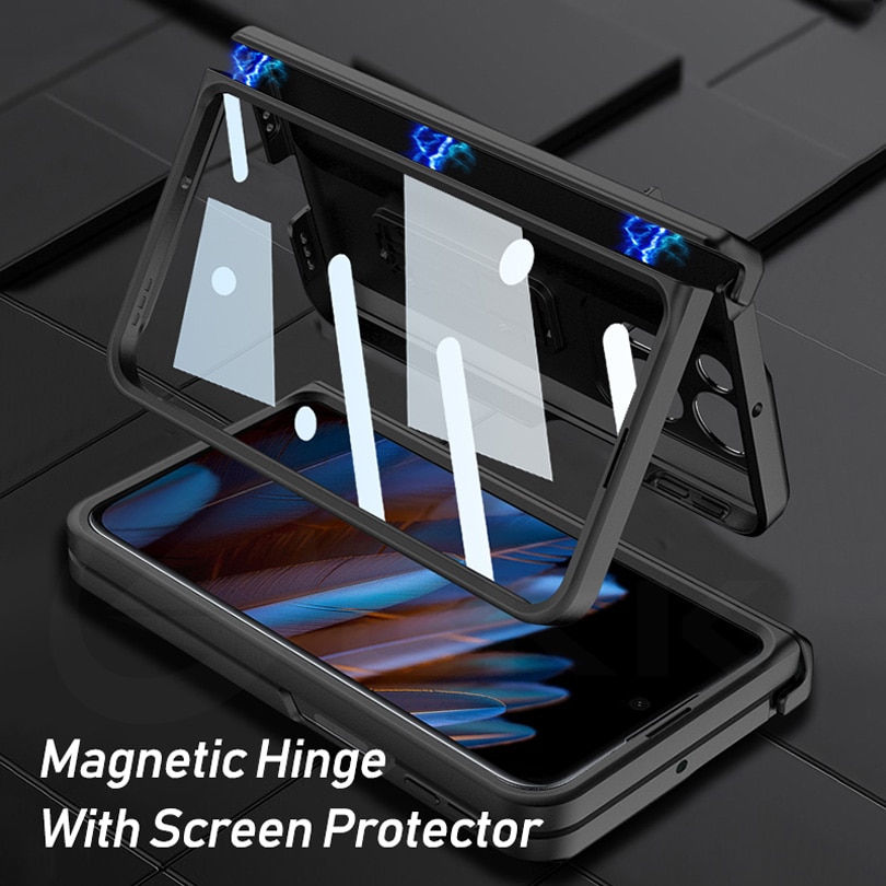 Shockproof Armor Case for Oppo Find N2 5G Magnetic Hinge Case With Glass Frame Protection Cover For Oppo Find N2 Kickstand Case