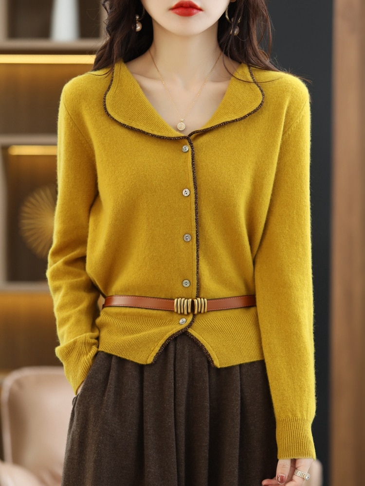 Fashion Pure Wool Cardigan Spring Knitted Outside A Female Solid Color Sweater Coat Early Autumn New Women's Cashmere Top