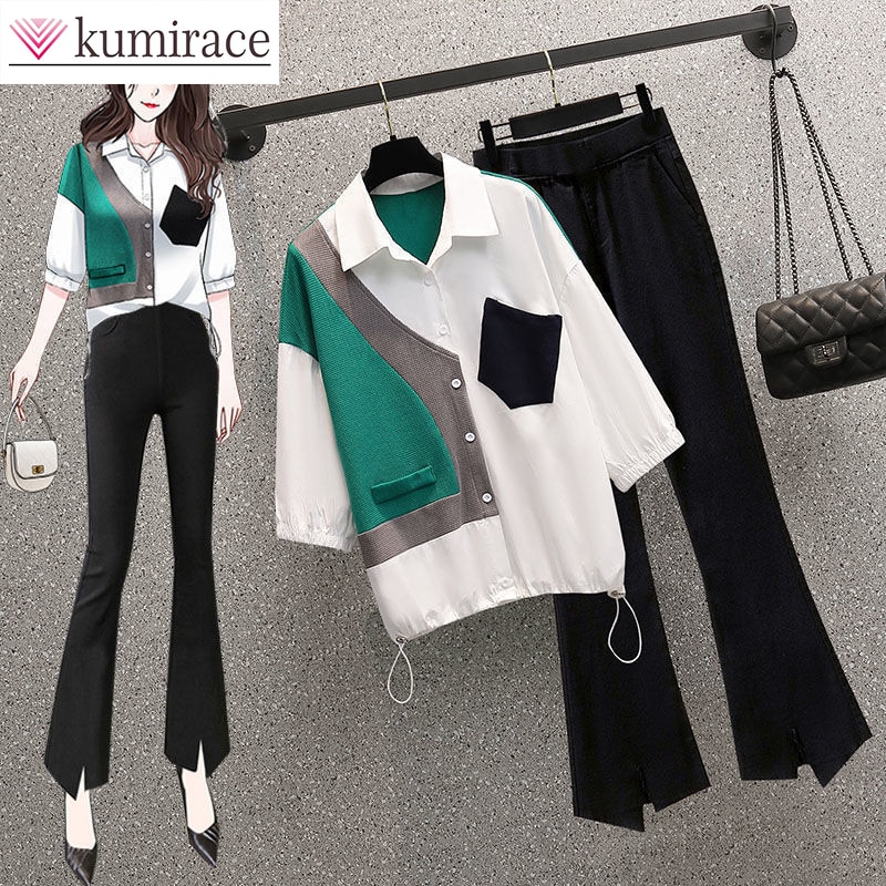 Summer New Suit 2023 Korean New Color Contrast Stitching Medium Sleeve Shirt Micro Flared Pants Two-piece Fashion Pants Set