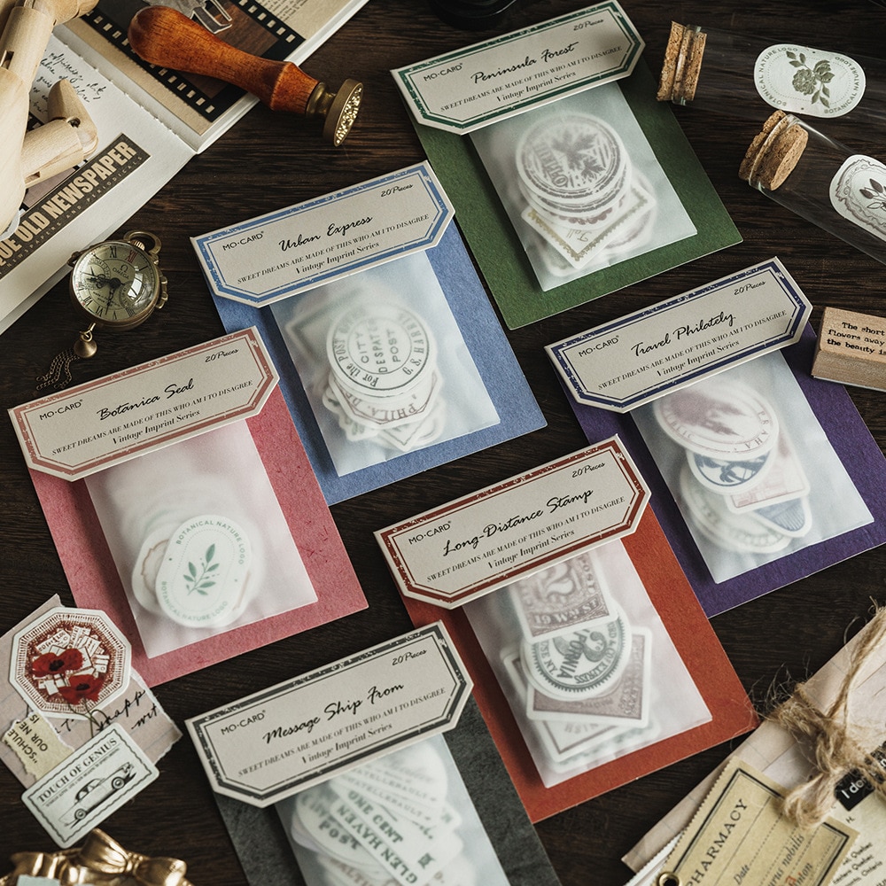 20PCS Vintage Stamps Print Series Decorative Stickers Embossed Handbook Scrapbooking Material Label Diary Phone Journal Planner