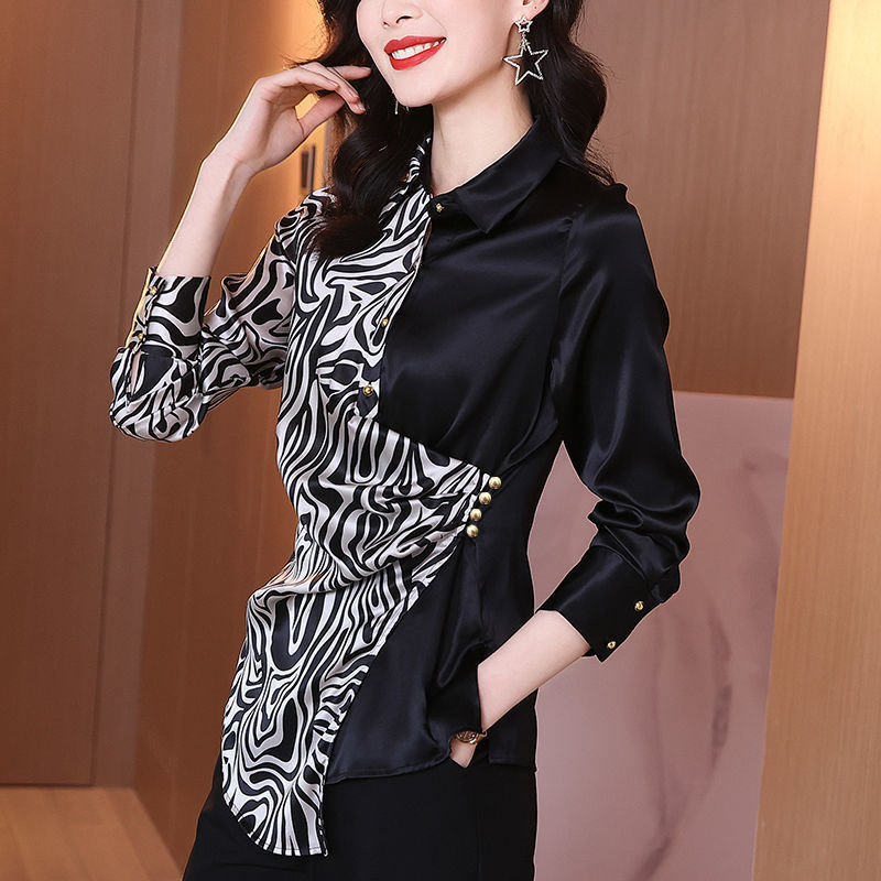 2023 Spring Autumn Streetwear Fashion Patchwork Shirt Women's Clothing Casual Asymmetrical Button Commute Irregular Lapel B